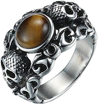 LANHI Men's Stainless Steel Skull Tiger's Eye Gem Stone Gothic Biker Ring Band