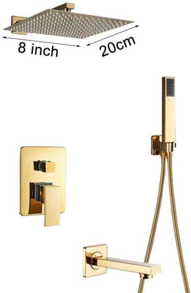 ZKYXZG Shower Set 8/10/12 quot; Rainfall Golden Shower Faucet Set Wall Mount Single Handle Shower Mixer Tap Square Handshower Concealed Install,8 inch 3,Ways Valve,China