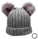 Women's Winter Chunky Knit Double Pom Pom Beanie Hat With Tie.(Charcoal)