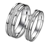 Bystar Fashion Jewelry Silver Frosted Surface Central and Grooves Stainless Steel Promise Couple Ring