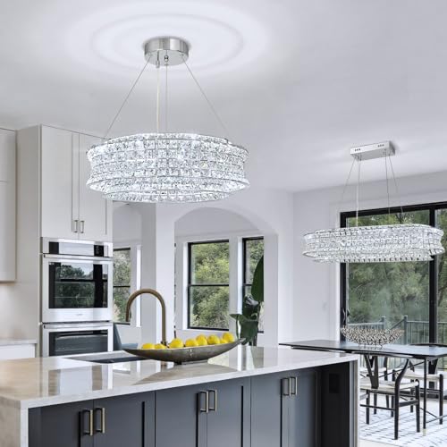 AOOCHOK Modern Crystal Chandelier for Dining Room, LED Chrome Pendant Lights, Round Crystal Pendant Light for Living Room, Hallway, Kitchen Island, D50cm