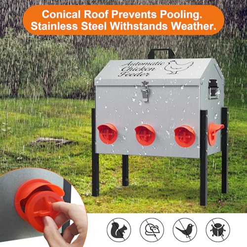 NEYCIL 50LB Automatic Chicken Feeder, Metal Chicken Feeder with Window, No-Waste Poultry Feeder with 8 Feeding Ports, Adjustable Height, Locking Lid & Weatherproof Design for Outdoor Coop