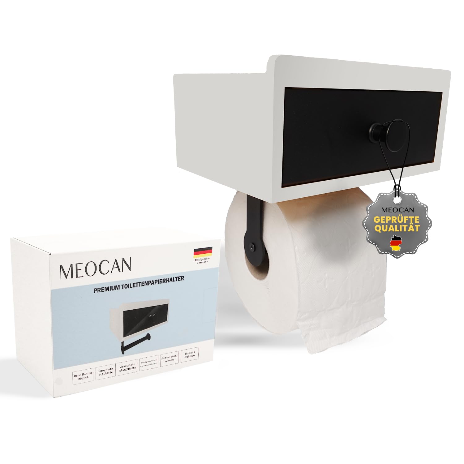 Toilet Paper Holder No Drilling - Toilet Paper Holder with Wet Wipes Box - Bamboo Toilet Roll Holder with Shelf and Drawer - Modern for Bathroom and Toilet (White)