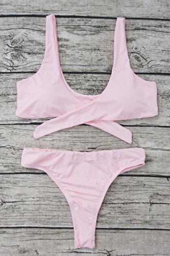 ESONLAR Pink Front Knotted Active Crop Top High Waist Bikini Beachwear for Women L