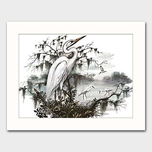 Great White Heron Art w/Mat (Shabby Chic Bird Artwork, Coastal Home Wall Decor) "Egret Colony" Vintage Matted Print