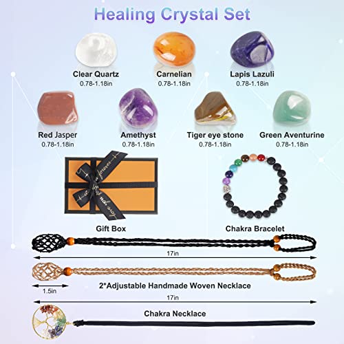 Healing Crystals Set NONKKY 7 Chakra Healing Crystal Stones Kit, Handmade-Woven Adjustable Rope, Healing Crystals Bracelet, 7 Chakra Tree of Life Necklaces for Valentine\'s Day, Yoga, Meditation