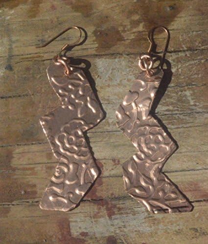 Primitive Big Tribal Zig Zag Handmade Solid Copper Earrings Artisan One of a Kind Embossed Cut Out Geometric Industrial