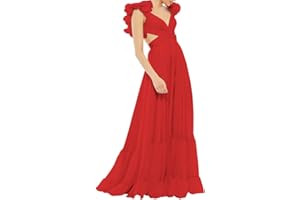Lawrncedw Chiffon Ruffle Prom Dresses for Women V Neck Long Bridesmaid Dresses Backless Formal Evening Gowns A Line