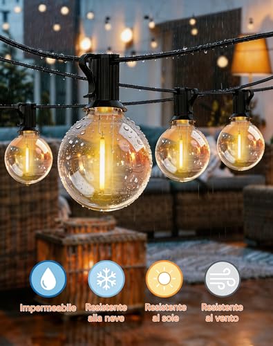 ROVLAK 12 m Outdoor Garden Lights with 18 + 3 G40 LED Bulbs in Plastic, IP44 Waterproof, 2700 K Warm White Lights for Garden, Terrace, Balcony, Home, Party