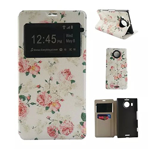 Lumia 950 XL Case,Enjoy Sunlight [Peony] [Slim Fit] Window View PU Leather Case Flip Cover Folio Case for Microsoft Lumia 950 XL Case