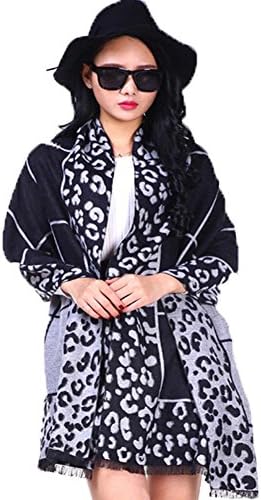 Priny Women's Soft Luxury Oversize Plaid Leopard Spots Pattern Cashmere Scarf (black)