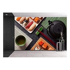 Set of Sushi and Maki Roll and Green Tea on Stone Table. Top View - Removable Wall Mural | Self-Adhesive Large Wallpaper - 66x96 inches
