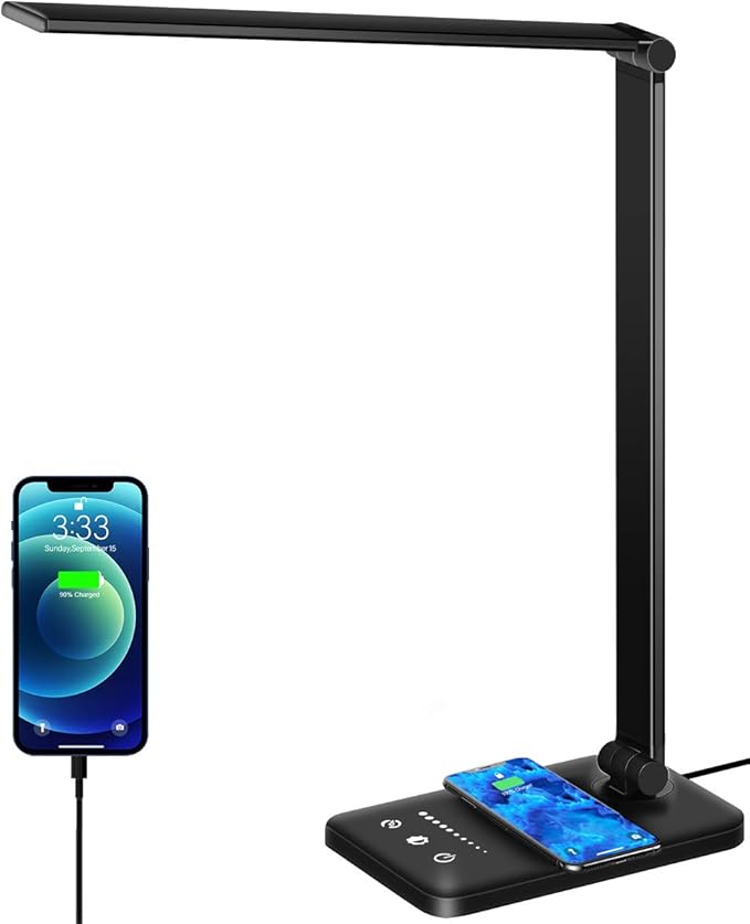LED Desk Lamp with Wireless Charger, Dimmable Office Desk