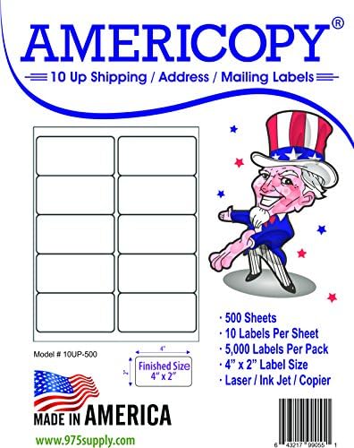 10 Up Shipping and Mailing Labels, Americopy, 4 x 2 inches, Made in The United States (5,000 Labels)