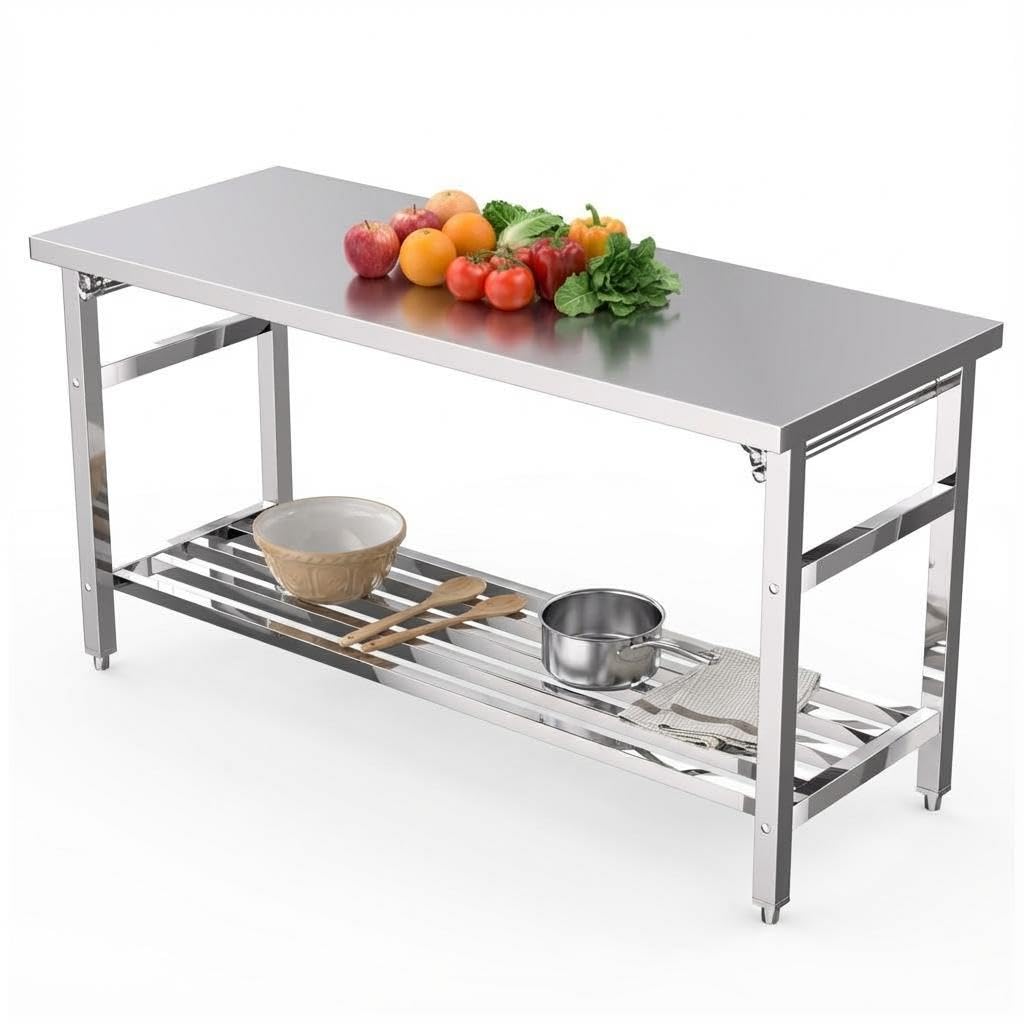 Photo 1 of *Scratches* 60” X 24”Commercial Stainless Steel Folding Table, 500 LBS Heavy Duty Prep Table with Adjustable Undershelf, 2 Tier Space-Saving Metal Worktable for Restaurant Kitchen, Home, Garage, Hotel