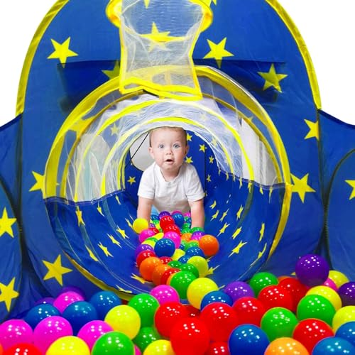 3pcs Kids Play Tent for Boys with Ball Pit, Crawl Tunnel, Princess Tents for Toddlers, Baby Space World Playhouse Toys, Boys Indoor& Outdoor Play House, Perfect Kid’s Gifts.BLUE