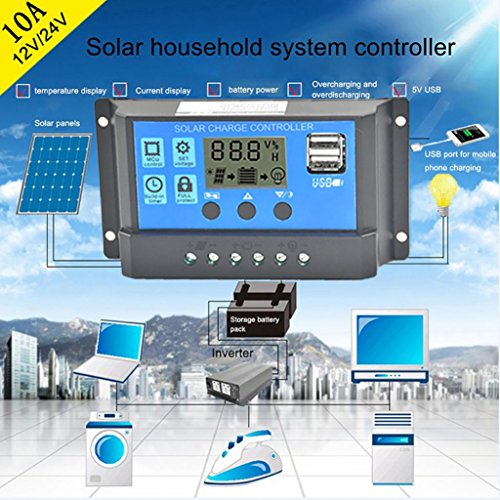 Tiean 10A/20A/30A/40A/50A/60A 12V-24V Solar Panel Regulator Charge Controller With Double USB Ports Charge for Phone (Blue30A)