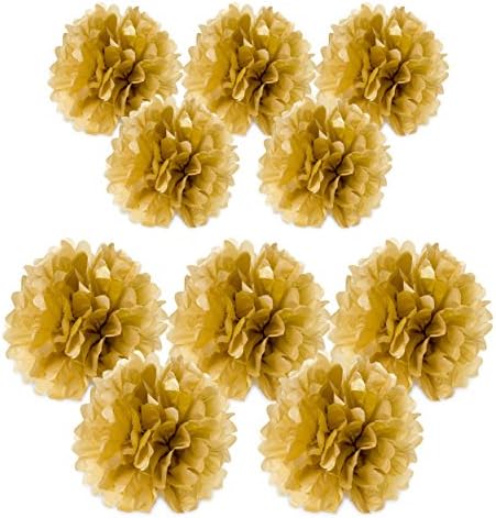 10pc Gold Tissue paper pom poms flower ball decorations kit – Size 8 10 Inch