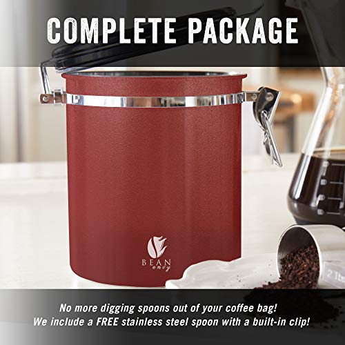 Bean Envy Airtight Coffee Canister - 16oz - Sealed Cantilever Lid with Co2 Gas Release Wicovalve & Numerical Day/Month Tracker - Stainless Steel Storage Vault for Whole/Ground Coffee Bean - Red