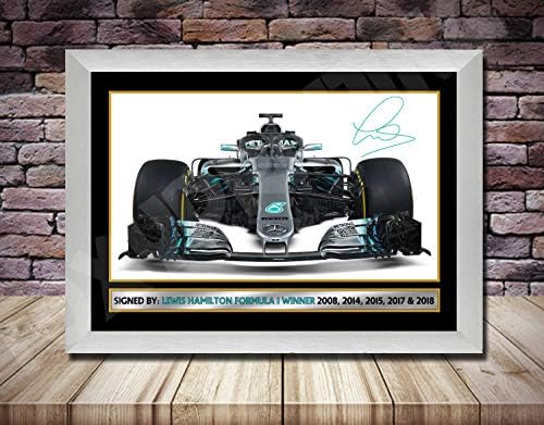 A4 SILVER FRAMED LEWIS HAMILTON GRAND PRIX CAR Signed by Autographed Poster Print | Wall Art | Photo | Signature | Autograph Image | GIFT