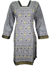 Mogul Women's Designer Tunic Grey Embroidered Cotton Kurta Kaftan Dress Gift For Mom