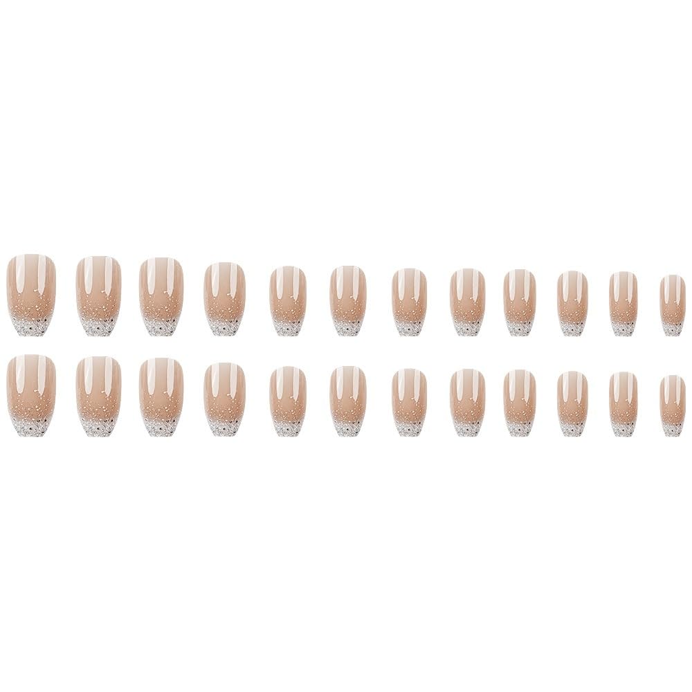 Coffin Press on Nails Medium French Tip Fake Nails Full Cover Glitter Design False Nails Tips Nude Pink Stick on Nails Reusable Artificial Ballerina Shape Glue on Nails for Women Girls 24PCS - Image 5