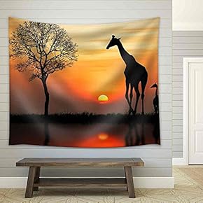 Silhouette of Giraffe with Reflection in Water - Fabric Wall Tapestry Home Decor - 51x60 inches
