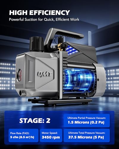 Orion Motor Tech - Bomba de vacío A2L de 2 etapas, 8.5 m³/h (5 cfm) 1/2 hp, bomba de vacío a prueba de encendido sin chispas de dos etapas para R1234yf R32 R134a R22 R410A con vacío final de 1.5
