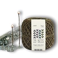 23 Bees 100% Organic Hemp Candle Wick + Wick Sustainer Tabs, 200ft(Thick) x 200pcs