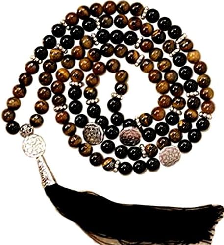 Tiger Eye Black Agate Buddhist Wheel Elastic Japamala Mediation Necklace
