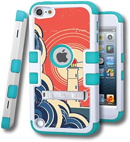 iPod touch 5 Case, CASECREATOR[TM] For Apple iPod touch 5 5G 5th GEN () -- TUFF Hybrid Rubber Hard Snap-on Case Natural Cream W/Tropical Teal-Lighthouse Waves