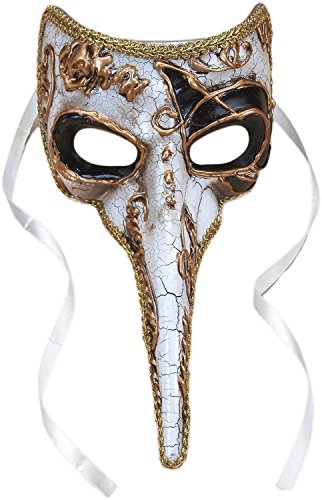 Plague Doctor Venetian Long Nose Mask, White w Gold & Black Accents, 9