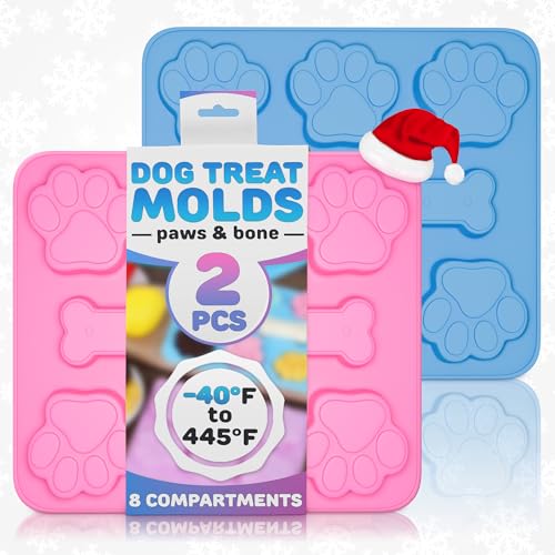 2 Pcs Dog Treat Molds for Baking and Freezing – Bone & Paw Shaped Silicone Dog Treat Mold, Non-Sticking, Blue & Pink – Easy Release Design for Homemade Candies, Gingerbreads, Pudding and Jelly Sweets