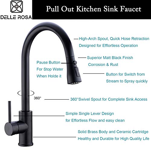 Matte Black Kitchen Sink Faucet Delle Rosa Pause Function 2 Water Mode 360 Degree Rotation Pre-rinse Pull Out Kitchen Faucet
