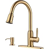Gold Kitchen Faucet with Soap Dispenser, WOWOW Stainless Steel Kitchen Faucet for Sink 2 or 4 Hole, High Arc Vintage Kitchen Sink Faucet with Pull Down Sprayer