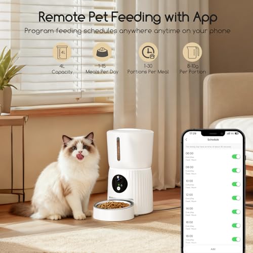 Faroro Automatic Cat Food Dispenser, HD 1080P Camera with Night Vision, 5G WiFi Feeder for Cat/Dog with Two-Way Audio, APP, Dual Power (White)
