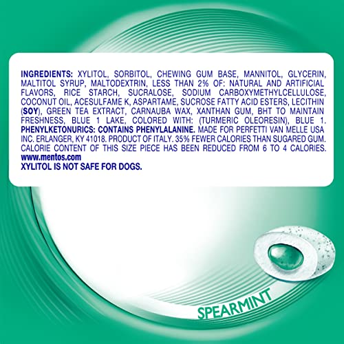 MENTOS PURE FRESH SPEARMINT SUGAR FREE CHEWING GUM WITH XYLITOL SWEETENER, PAPERBOARD BOTTLE, 80 PIECES