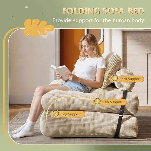 190 * 85 * 20Cm Folding Sofa Bed, Portable Fold Out Floor Couch Lounge, Convertible Sleeper Chair with Pillow for Living Room Bedroom, Beige