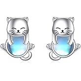 Cat/Koala/Owl/Cow/Bat/Pig Stud Earrings 925 Sterling Silver Moonstone Earrings Cute Animal Ear Studs for Women Girls