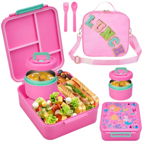 Nasjac Lonchera Bento Box para Niños Y Niñas, Caja Charolas Bento 2000ML de 4 Divisiones con Termo de Sopa, Bolsa de Almuerzo Termica para Niños Portátil con Cuchara Tenedor Bolsa Aislante