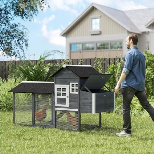 PawHut 82" Chicken Coop Wooden Rabbit Hutch Hen House Poultry Cage Pen Outdoor Backyard with Run and Nesting Box, Grey