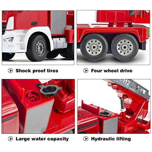 DOUBLE E RC Fire Truck Remote Control Fire Engine 10 Channel with Water Pump Lights Sounds Extendable Ladder Rechargeable Battery 2.4GHz Radio Control (New Package)