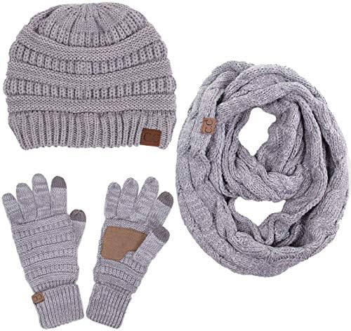 ScarvesMe CC 3pc Two Tone Trendy Warm Chunky Soft Stretch Cable Knit Beanie, Scarves and Gloves Set