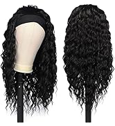 Headband Wigs Black Deep Wave 24 Inch Wig for Black Women Long Wavy Glueless Synthetic Wigs With ...