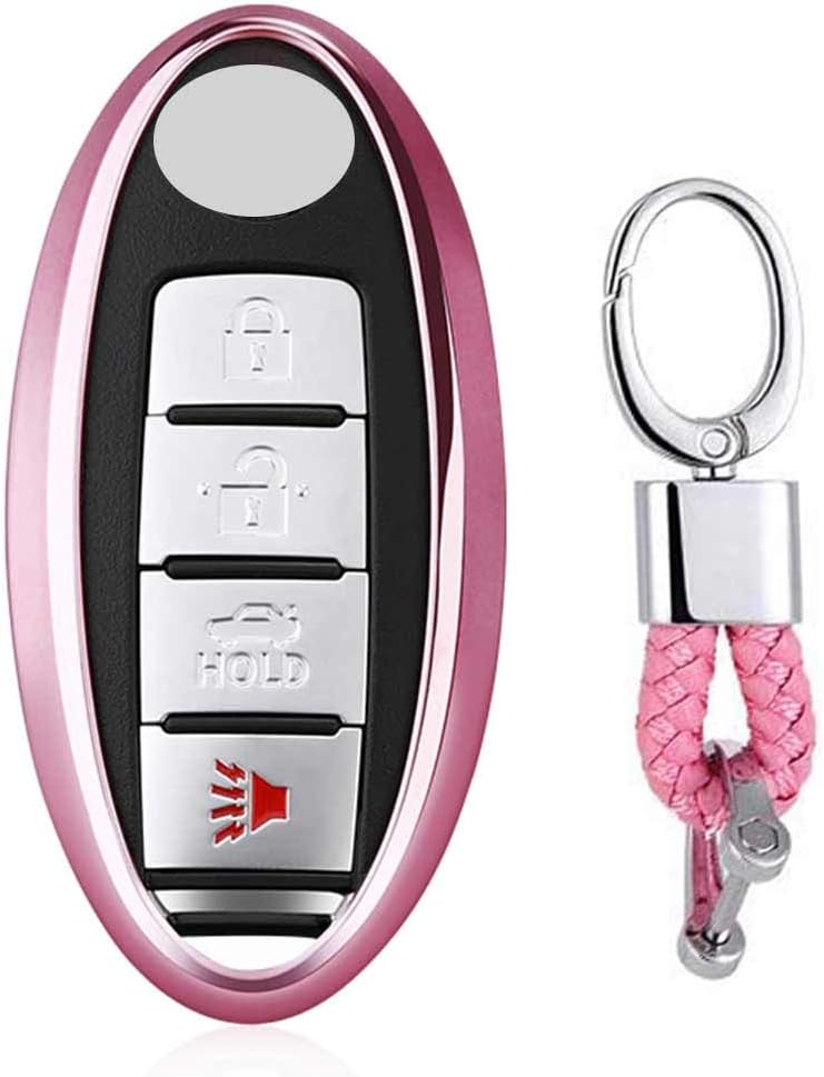 Pink Premium Soft TPU Car Key Case Shell Cover with Key Chain for Nissan Altima Maxima Armada Murano Rogue Sedan Pathfinder 3/4/5 Buttons Infiniti
