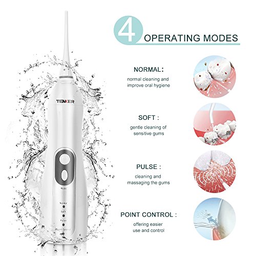 TENKER Cordless Water Flosser with 4 Jet Tips, Rechargeable Oral Irrigator 4-Mode High Capacity Water Tank Portable Dental Irrigator for Home Travel