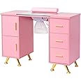 OmySalon Manicure Table Nail Desk for Nail Tech w/Glass Top & Wrist Rest, Beauty Salon Nail Supplies Decor Workstation Acetone Resistant w/2 Side Cabinet+3 Drawers, Pink