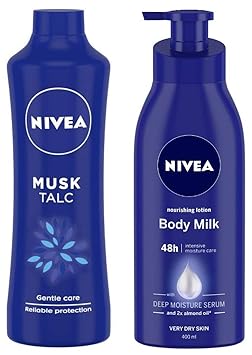 NIVEA Talc, Musk Mild Fragrance Powder, 400g and Nivea Nourishing Lotion Body Milk with Deep Moisture Serum and 2x Almond Oil for Very Dry Skin, 400m