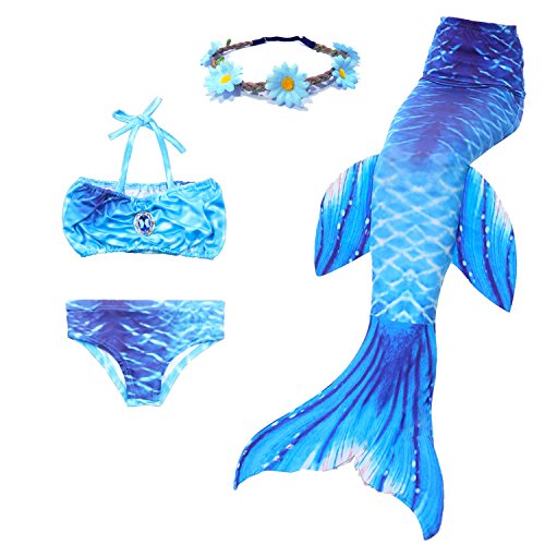 AMENON 3PCS Kids Mermaid Tail Swimsuit Princess Bikini Set Swimwear Can Match Monofin (With Random flower clip or garland) (150CM/USXXL(8T)/ 7-8Y, Elsa)