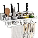 Wall Mounted Pot Pan Rack Multifunctional 6-in-1 Kitchen Bookshelf Storage Rack with Bottle Rack Silverware Caddy Cutlery Blocks Hanger Hooks Pot Organizers Space Aluminum (20inch 2Cups 8Hooks)